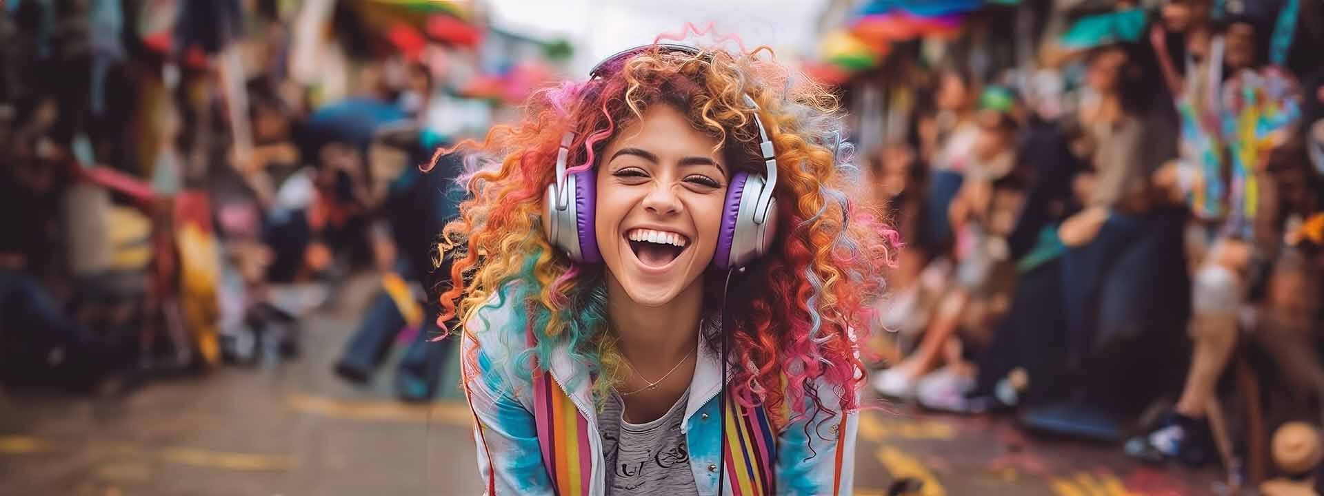 Colorful girl listeting to music